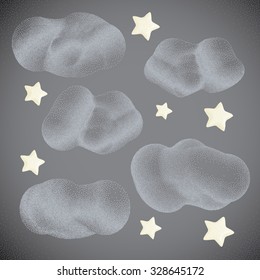 Stars with Clouds. Night Sky Halftone style. Vintage Hand drawn Vector Illustration.