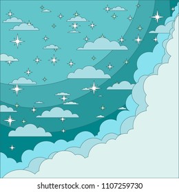 Stars and clouds on the midnight sky background. Night sky scenery background. Paper art style. Vector Illustration.