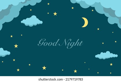 stars and clouds on midnight sky background, crescent moon, night sky , night sky backdrop, good night, vector, wallpaper.
