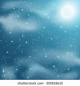 Stars and clouds on the night sky. Vector illustration.