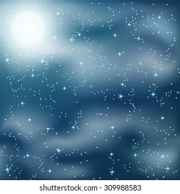 Stars and clouds on the night sky. Vector illustration.