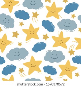 Stars and clouds on white background. Seamless pattern for nursery. Cartoon illustration for kids.