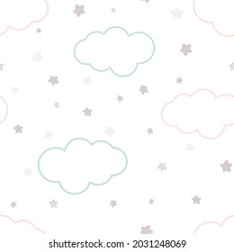 Ilustración vectorial de patrones suaves y pastel con estrellas y nubes. Antecedentes de bebé minimalistas escandinavos. Plantilla para papel pintado, embalajes, habitación infantil y textiles.