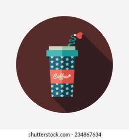 Stars coffee cup flat round icon with long shadows.