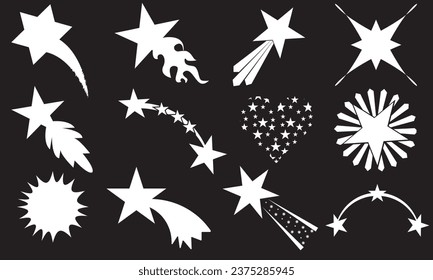 Stars collection. Retro futuristic sparkle icons collection. Different forms of stars, constellations, galaxies. Templates for design, posters, projects, banners, logo, and business cards.