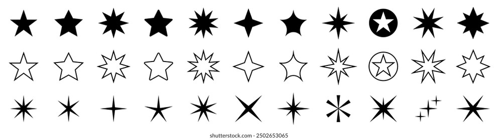 Estrellas colección. Las estrellas establecen iconos negros. Estrellas en estilo plano simple moderno. Icono de clasificación. Ilustración vectorial.