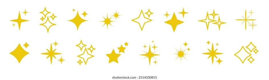 Coleção Stars. Ícone de brilho conjunto de vetores. Brilho de brilho de estrela, brilho de faísca, ilustração de vetor de luz de festa mágica.