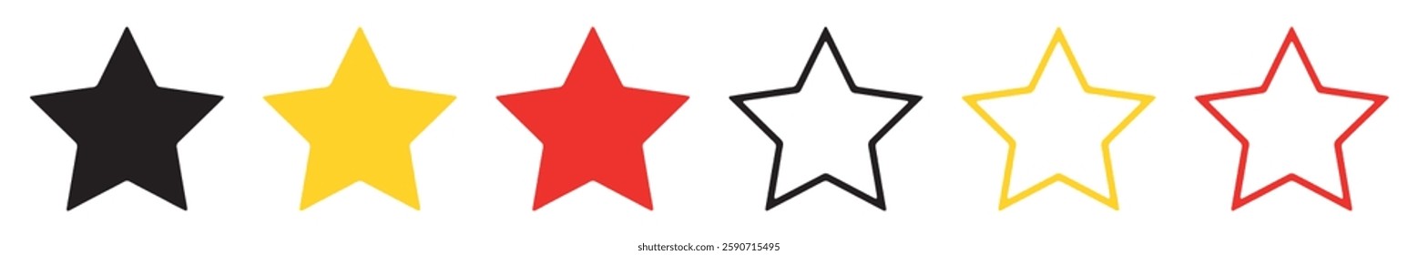 Stars collection. Star vector icons. Golden, black and red stars isolated on white background. Vector illustration