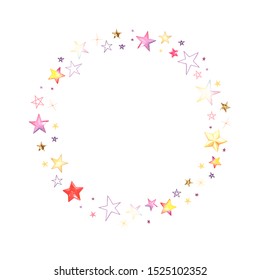 Stars colorful confetti frame, Christmas sparkling circle or celebration birthday party background. Vector holiday illustration, template isolated for invitation.