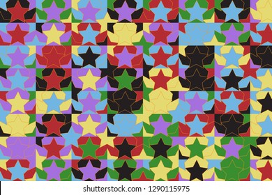 Stars Colorful Geometric Pattern Vector Illustration. Stars and Squares Endless Template in Yellow, Black, Red, Blue Colors. Pop Art Style Ornament