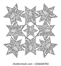 Stars Coloring book page for adults. Doodle anti-stress Vector illustrayion.