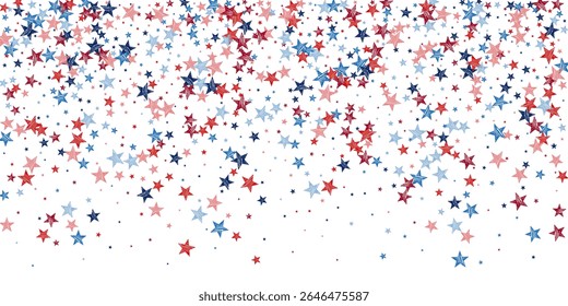 Stars in colors of american flag. National holiday decoration. Election Day themed art. Dynamic red blue doodle star confetti. Suitable for party invitations.