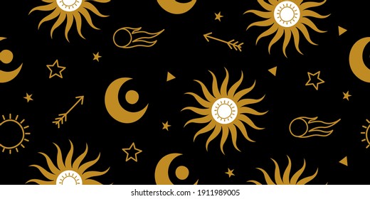 Stars, comets, planets on a black background. Vector illustration.