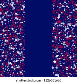 Stars Confetti in Colors of American Flag. USA Concept Poster Pattern Design. Liberty Patriotic Texture. Screen, Cover Stars Background.