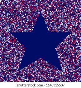 Stars Confetti in Colors of American Flag. USA Memorial Day Pattern Design. Liberty Patriotic Texture. Packaging, Ad Print Design Background.