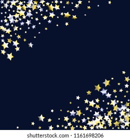 Stars confetti diagonal border. Isolated yellow blue white grey gradient celestial elements. Iridescent festive  celebration vector  background.