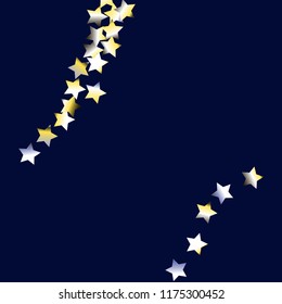 Stars confetti diagonal border. Isolated yellow blue white grey gradient stellar elements. Holiday celebration luminous vector background.