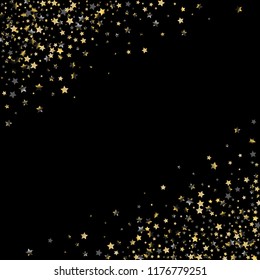 Stars confetti diagonal border. Isolated gradient stellar elements. Platinum chrome metal shine. Holiday celebration luminous vector background.