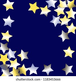 Stars confetti diagonal border. Isolated yellow blue white grey gradient stellar elements. Holiday celebration luminous vector background.