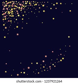Stars confetti diagonal border. Isolated yellow orange red gradient celestial elements. Holiday celebration luminous glossy vector template for decorations, packaging, flyers, posters.