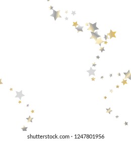 Stars confetti diagonal border. Isolated gradient celestial elements. Yellow pearl nacre glitter. Holiday celebration luminous glossy vector template for celebration decorations