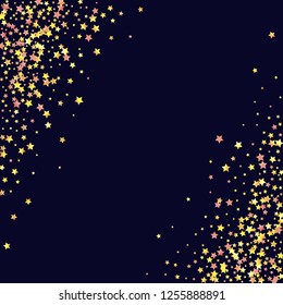 Stars confetti diagonal border. Isolated yellow orange red gradient stellar elements. Holiday celebration luminous glossy vector template for decorations, packaging, flyers, posters.