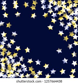 Stars confetti diagonal border. Isolated yellow blue white grey gradient celestial elements. Festive iridescent holographic effect vector background.
