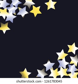 Stars confetti diagonal border. Isolated yellow blue white grey gradient stellar elements. Festive iridescent holographic effect vector background.