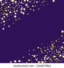 Stars confetti diagonal border. Isolated gradient stellar elements. Platinum chrome metal glitter. Holiday celebration luminous vector background.