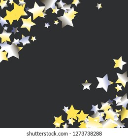 Stars confetti diagonal border. Isolated yellow blue white grey gradient celestial elements. Holiday celebration luminous vector background.