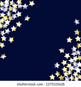 Stars confetti diagonal border. Isolated yellow blue white grey gradient stellar elements. Festive iridescent holographic effect vector background.