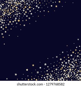 Stars confetti diagonal border. Isolated gradient stellar elements. Yellow pearl nacre shine. Holiday celebration luminous glossy vector template for celebration decorations