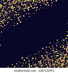 Stars confetti diagonal border. Isolated yellow orange red gradient stellar elements. Festive iridescent holographic shine effect vector template for decorations, packaging, flyers, posters.
