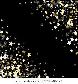 Stars confetti diagonal border. Isolated gradient stellar elements. Platinum chrome metal glitter. Holiday celebration luminous vector background.