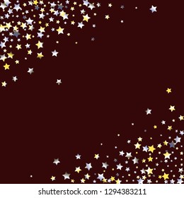 Stars confetti diagonal border. Isolated yellow blue white grey gradient celestial elements. Festive iridescent holographic effect vector background.