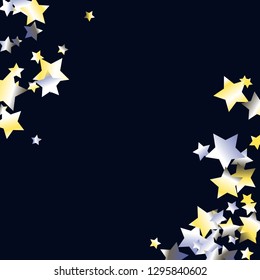 Stars confetti diagonal border. Isolated yellow blue white grey gradient celestial elements. Iridescent festive  celebration vector  background.