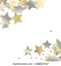 Stars confetti diagonal border. Isolated gradient celestial elements. Yellow pearl nacre glitter. Holiday celebration luminous glossy vector template for celebration decorations