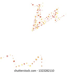 Stars confetti diagonal border. Isolated yellow orange red gradient celestial elements. Festive iridescent holographic shine effect vector template for decorations, packaging, flyers, posters.