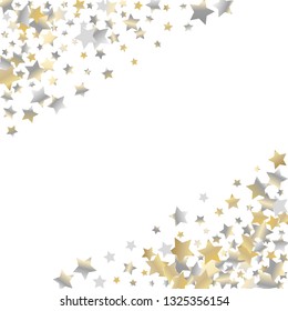 Stars confetti diagonal border. Isolated gradient stellar elements. Yellow pearl nacre glitter. Holiday celebration luminous glossy vector template for celebration decorations