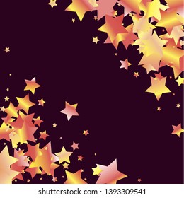 Stars confetti diagonal border. Isolated yellow orange red gradient stellar elements. Holiday celebration luminous glossy vector template for decorations, packaging, flyers, posters.