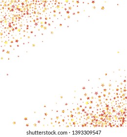 Stars confetti diagonal border. Isolated yellow orange red gradient stellar elements. Holiday celebration luminous glossy vector template for decorations, packaging, flyers, posters.