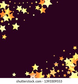 Stars confetti diagonal border. Isolated yellow orange red gradient celestial elements. Festive iridescent holographic shine effect vector template for decorations, packaging, flyers, posters.