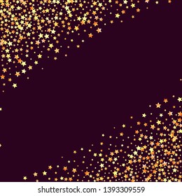 Stars confetti diagonal border. Isolated yellow orange red gradient stellar elements. Iridescent glitter festive  celebration vector  template for decorations, packaging, flyers, posters.