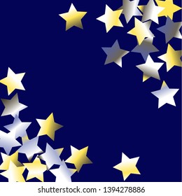 Stars confetti diagonal border. Isolated yellow blue white grey gradient celestial elements. Holiday celebration luminous vector background.