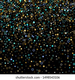 Stars Confetti. Gold, Blue stars, shiny confetti.
 Scattered little sparkling, glitter star. Random stellar falling on black background. New Year Christmas background. Vector illustration.