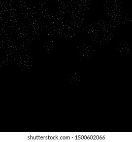 Stars Confetti. Gold, Blue stars, shiny confetti.
 Scattered little sparkling, glitter star. Random stellar falling on black background. New Year Christmas background. Vector illustration.