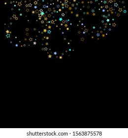 Stars Confetti. Gold, Blue stars, shiny confetti.
 Scattered little sparkling, glitter star. Random stellar falling on black background. New Year Christmas background. Vector illustration.