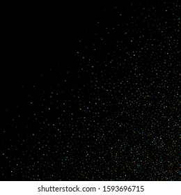 Stars Confetti. Gold, Blue stars, shiny confetti.
 Scattered little sparkling, glitter star. Random stellar falling on black background. New Year Christmas background. Vector illustration.