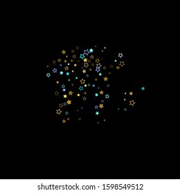 Stars Confetti. Gold, Blue stars, shiny confetti.
 Scattered little sparkling, glitter star. Random stellar falling on black background. New Year Christmas background. Vector illustration.