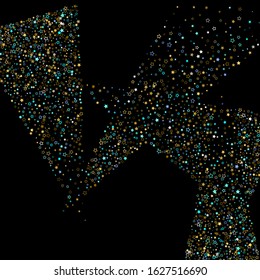 Stars Confetti. Gold, Blue stars, shiny confetti.
 Scattered little sparkling, glitter star. Random stellar falling on black background. New Year Christmas background. Vector illustration.